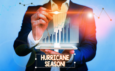 Writing note showing Hurricane Season. Business concept for time when most tropical cyclones are expected to develop bar char improvement line smartphone computer office technology device