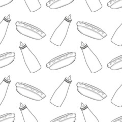 Seamless pattern with hot dogs and bottles of mustard and ketchup. Restaurant illustration. Fast food illustration. White background. Menu design. Vector illustration. Black and white.