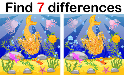 Obraz na płótnie Canvas Find differences, game for children, mermaid underwater in cartoon style, education game for kids, preschool worksheet activity, task for the development of logical thinking.