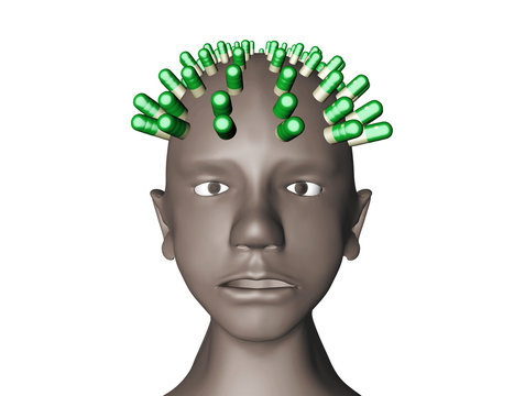 3d illustration of human head with antidepressant pills all over the scull