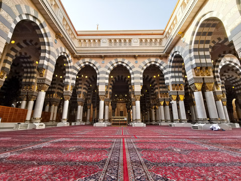 Medina, Saudi Arabia - March 22, 2018 : Interior view of Nabawi Mosque (Prophet Mosque) building in Medina. Selective focus
