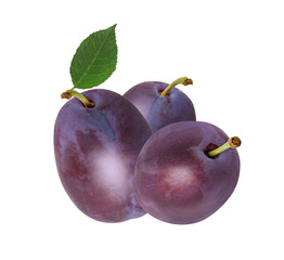 Plums with green leaf isolated on white background with clipping path