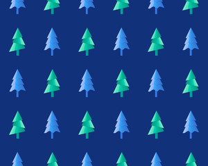 Seamless Christmas and new year pattern in vector. Blue and green Christmas trees on dark background. Winter background in flat vector. Simple geometric form. For textile, fabric, packaging