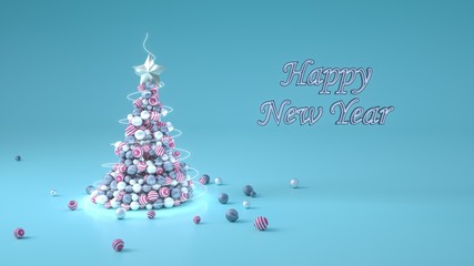 Fototapeta na wymiar 3D render of a Christmas tree made of balls of pink, grey and silver colors on blue background. Greeting card. Holiday background
