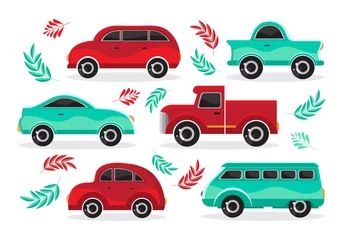 Fototapete Autorennen Set of green and red cartoon car in flat vector. Transport vehicle. Toy car in children s style. Fun design for sticker, logo, label. Isolated object on white background. The view from