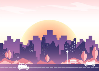 Morning city landscape template. Downtown skyline with high skyscrapers, rising sun, cars and park side. Urban life eps 10 vector illustration.