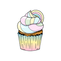 Rainbow vector cupcake in hand drawn style. Eps 10 vector illustration.