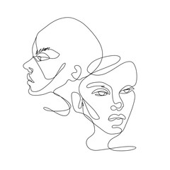 Continuous line vector drawing. Set of faces silhouettes. Abstract portrait.