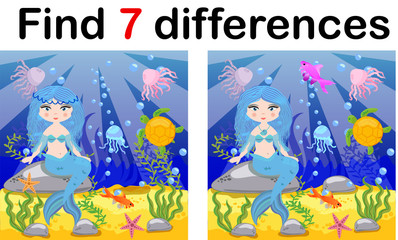 Find differences, game for children, mermaid underwater in cartoon style, education game for kids, preschool worksheet activity, task for the development of logical thinking.