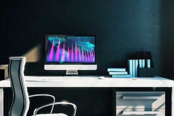 Cabinet desktop interior with financial charts and world map on computer screen. Concept of international market analysis and trading. 3d rendering.