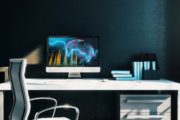 Cabinet desktop interior with financial charts and world map on computer screen. Concept of international market analysis and trading. 3d rendering.