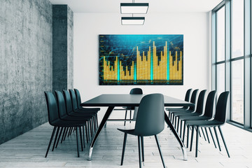 Conference room interior with financial chart on screen monitor on the wall. Stock market analysis concept. 3d rendering.