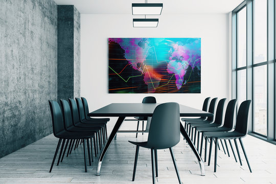 Conference Room Interior With Financial Chart And World Map On Screen Monitor On The Wall. Stock Market Analysis Concept. 3d Rendering.