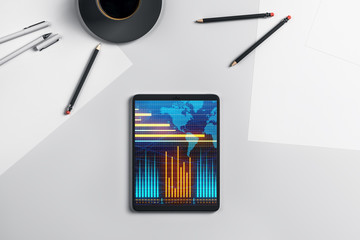 Digital tablet closeup top view with financial graph and partial world map on screen. Online international trading application concept. 3d rendering.