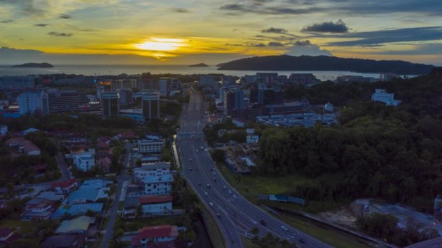 Aerial hyperlapse video of beautiful sunset on Kota Kinabalu City, Sabah, Malaysia
