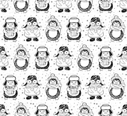 Seamless pattern cute cartoon penguins in warm clothes on the background of snowflakes. Winter background on Christmas and New year theme. Drawn black and white art line in vector.