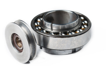 Ball bearing and pulley isolated on white background.Copy space