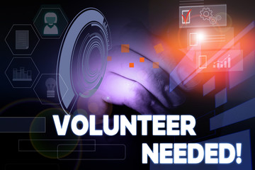 Text sign showing Volunteer Needed. Business photo showcasing need work for organization without being paid Male human wear formal work suit presenting presentation using smart device