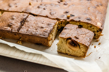 Blondie Brownie with Peanut Butter, White Chocolate and Roasted Peanuts. Homemade Cake Dessert / Blonde Brownie Pieces.