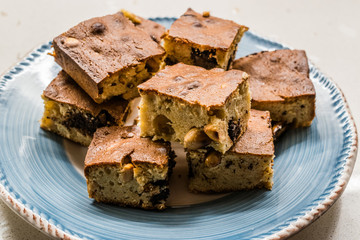 Blondie Brownie with Peanut Butter, White Chocolate and Roasted Peanuts. Homemade Cake Dessert / Blonde Brownie Pieces.