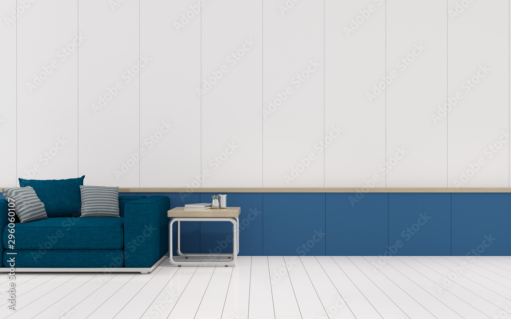 Aufkleber view of living room with deep blue sofa and side table on laminate white floor.perspective of minima