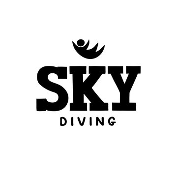 Skydiving, bodyflying hand drawn lettering logo, emblem with silhouette of person.