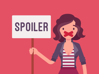 Spoiler alert woman. Girl with her mouth sealed by adhesive tape not to reveal an unknown aspect, movie plot, major plot details from the series finale message. Vector flat style cartoon illustration