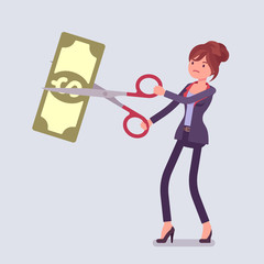 Rate cut businesswoman. Woman cutting with scissors dollar banknote, angry with money loss, decrease in financial value, lost of investments, stock market panic. Vector flat style cartoon illustration