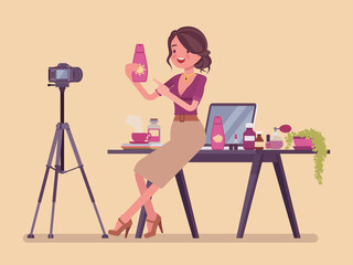 Beauty blogger streaming. Woman reviewing cosmetics content for personal blog, website, talking about hair, makeup, skincare, fashion, posting marketing videos. Vector flat style cartoon illustration