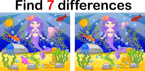 Find differences, game for children, mermaid underwater in cartoon style, education game for kids, preschool worksheet activity, task for the development of logical thinking.