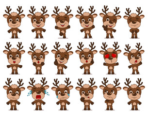 Big set of funny reindeer in cartoon style in different standing poses and emotions isolated on white background