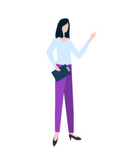 Young woman working in a cellular communications, pretty worker wearing a light blue blouse and purple formal pants in black heels vector illustration