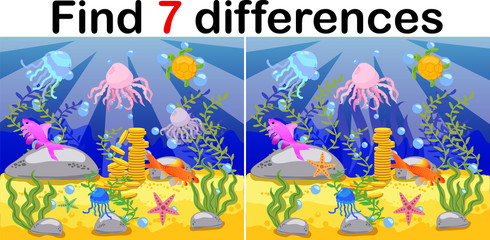 Obraz na płótnie Canvas Underwater world, ocean floor with octopus, submarine, whale, fish, corals and sea shells. Educational game for kids: find ten differences.