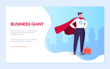 Business giant vector, male with briefcase standing in super hero posture. Businessman wearing suit and red gown, almighty chief successful man. Website or webpage template, landing page flat style