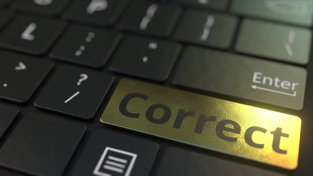 Black computer keyboard and gold correct key. Conceptual 3D animation
