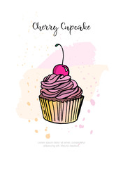 Hand drawn cherry cupcake. Eps 10 vector illustration.