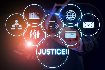 Text sign showing Justice. Business photo showcasing impartial adjustment of conflicting claims or assignments Male human wear formal work suit presenting presentation using smart device