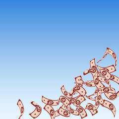 Russian ruble notes falling. Floating RUB bills on