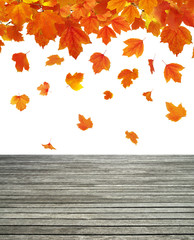 Wood texture and autumn leaves