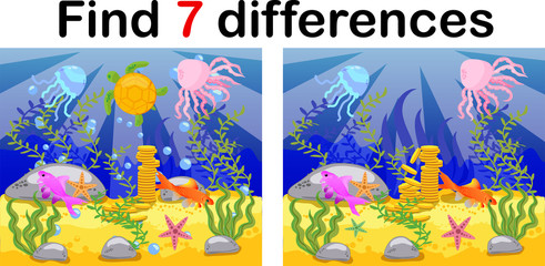 Underwater world, ocean floor with octopus, submarine, whale, fish, corals and sea shells. Educational game for kids: find ten differences.