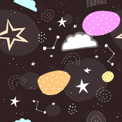 Seamless space pattern with stars, clouds, rainbow, decor elements on a neutral background. starry night sky. vector. hand drawing. children's theme. design for textile, fabric, wall decoration, print