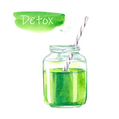 Vegan detox smoothie. Hand drawn healthy drink. Watercolor illustration isolated on white background.