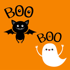 Flying baby ghost spirit. Bat. Boo text with hanging spider, eyes. Happy Halloween. Cute cartoon white scary spooky character. Smiling face, hands. Orange background. Greeting card. Flat design.