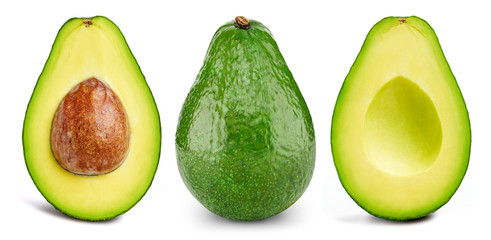 Avocado collection isolated on white. Avocado half Clipping Path. Avocado studio macro shooting