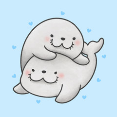 Cute couple seal cartoon hand drawn style