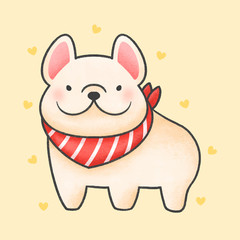French bulldog with red collar cartoon hand drawn style