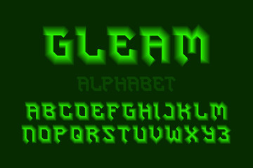Gleam alphabet with green neon glow. Luminous artistic font. Isolated english alphabet.