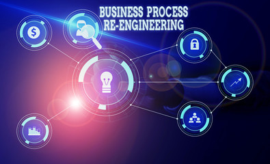 Obraz premium Conceptual hand writing showing Business Process Re Engineering. Concept meaning the analysis and design of workflows Woman wear work suit presenting presentation smart device