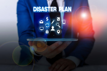 Text sign showing Disaster Plan. Business photo showcasing Respond to Emergency Preparedness Survival and First Aid Kit