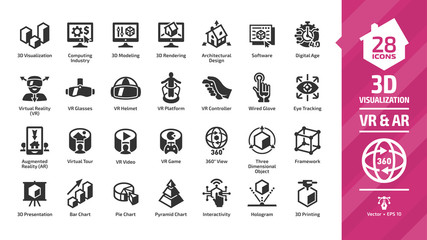 3D visualization icon set with virtual & augmented reality (VR & AR) visual technology glyph symbols: graph data, glasses, headset and helmet, computing industry, modeling, rendering and software.